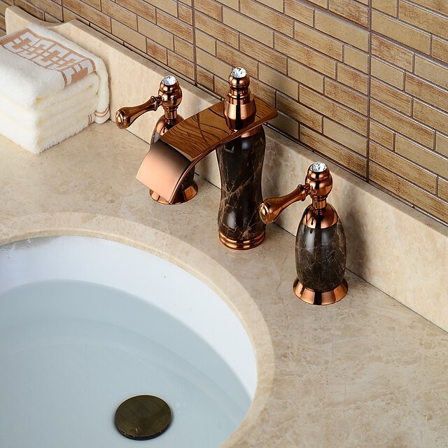  Bateria do umywalki łazienkowej - Wodospad / Szeroko rozstawiona Różowe złoto Szeroko rozstawiona Dwa uchwyty Trzy otworyBath Taps