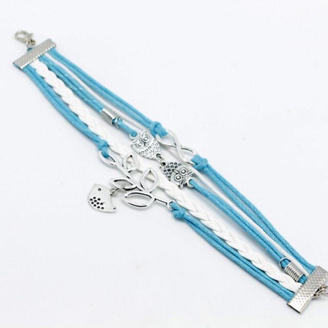  Men's Blue Love Bird/Owl  Braided/Cord Leather Handmade Multilayer Charm Bracelet Unisex