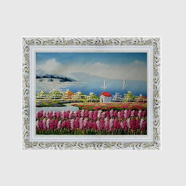  Oil Painting Hand Painted - Landscape Floral / Botanical European Style With Stretched Frame / Stretched Canvas
