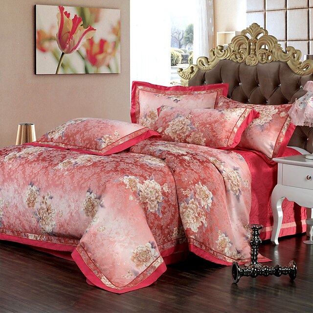  Blumen Bettbezug-Sets 4 Stück Baumwolle Luxuriös Reaktivdruck Baumwolle ca. 1,50 m breites Doppelbett ca. 1,90 m breites Doppelbett1 Stk.