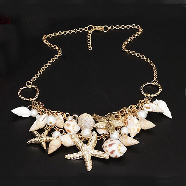  Women's Pearl Statement Necklace Star Starfish Ladies Unique Design Fashion Double-layer Pearl Shell Cowrie Shell Golden Necklace Jewelry For Party Special Occasion Daily Beach