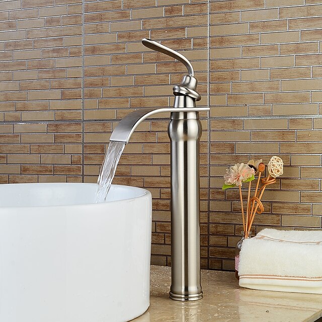  Bathroom Sink Faucet - Waterfall Nickel Brushed Centerset Single Handle One HoleBath Taps