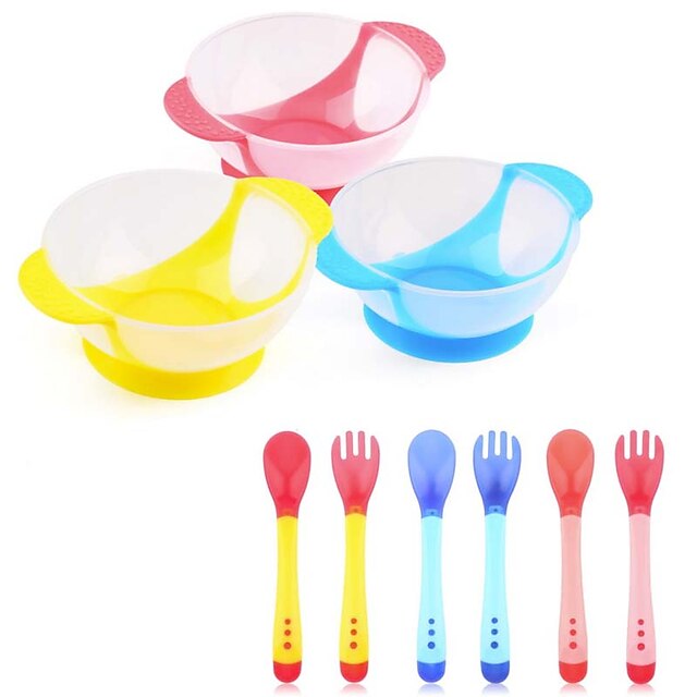  Baby Infants Feeding Bowl Temperature Sensing Spoon Suction Cup