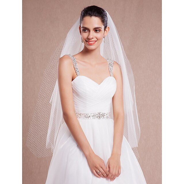  Two-tier Cut Edge Wedding Veil Elbow Veils with 39.37 in (100cm) Tulle / Angel cut / Waterfall