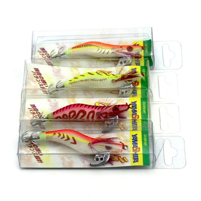  8cm 7.4g/PC Luminous Squid Jig Night Fishing Wood Shrimp Lure Squid Light Jigs Lures 4 Colors/Set