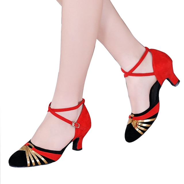  Mujer Salón Zapatos de Baile Moderno Interior Zapatos brillantes Sandalia Exterior Purpurina Tacón Cubano Hebilla Negro y Rojo Negro y plata Negro y oro