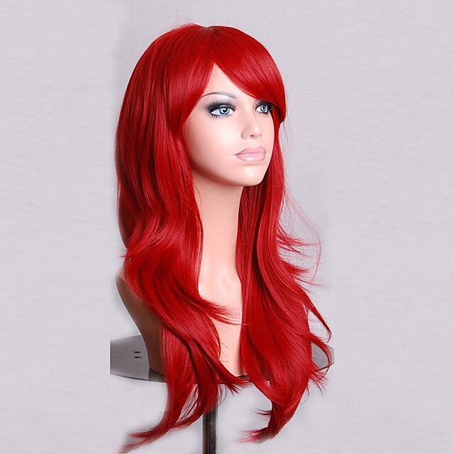  Perruque Synthétique Bouclé Ondulation Naturelle Ondulation Naturelle Coupe Asymétrique Perruque Long Rouge Cheveux Synthétiques Femme Ligne de Cheveux Naturelle Rouge