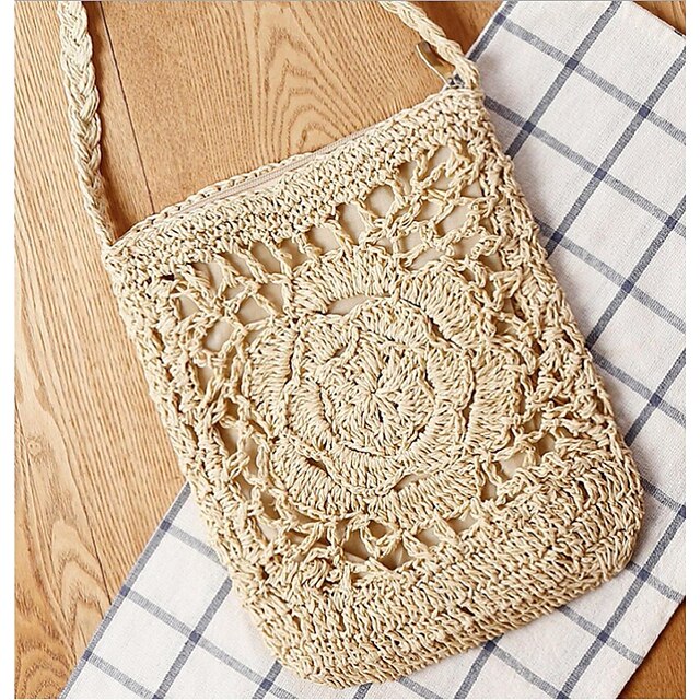  Mujer Bolso de Hombro Paja Verano Casual Bandolero Cremallera Beige Marrón