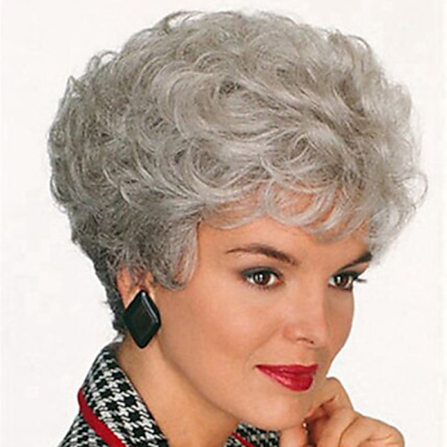  grå peruk för kvinnor syntetisk peruk lockigt lockigt pixie cut with lugg peruk kort silver syntetiskt hår grå