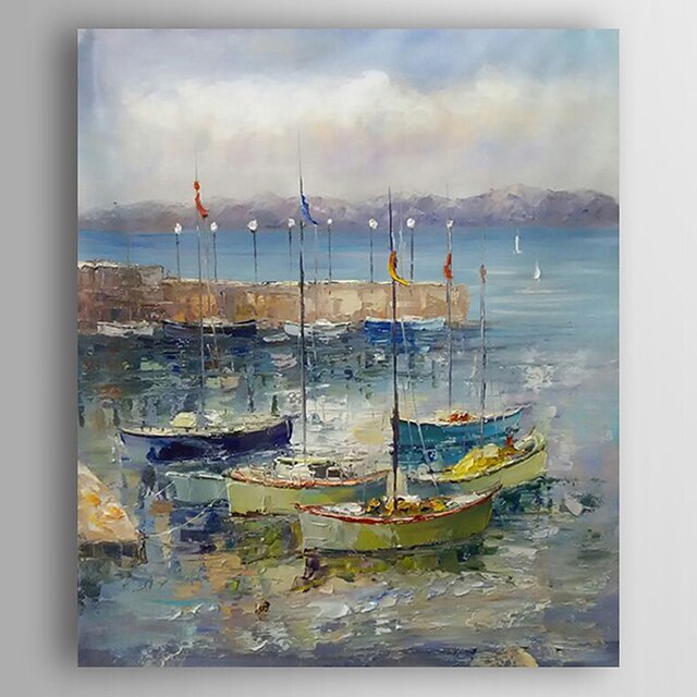  Oil Painting Impression Landscape Boats Hand Painted Canvas with Stretched Framed Ready to Hang