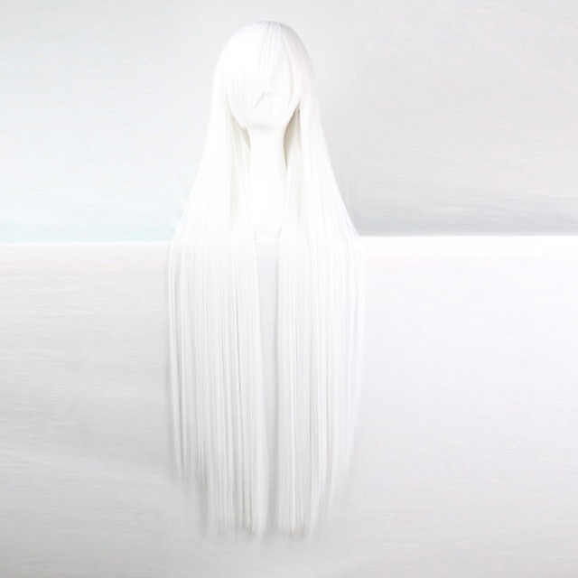  פאה תחפושת קוספליי פאה סינתטית ישרה ישרה אסימטרית פאה ארוכה לבן שיער סינטטי קו שיער טבעי לנשים לבן