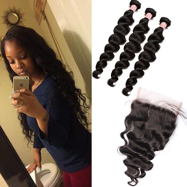  Peruvian Hair Weft with Closure Loose Wave Hair Extensions 4 Pieces Black