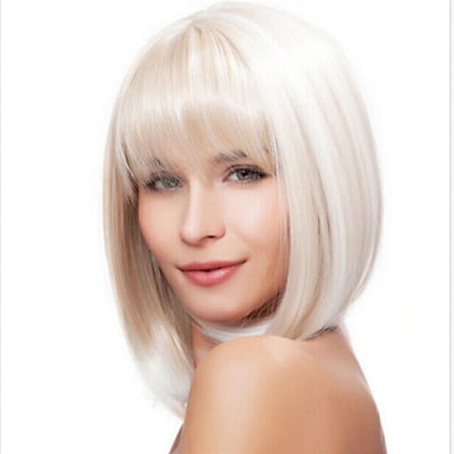  Synthetic Wig Straight Kardashian Straight Bob With Bangs Wig Medium Length White Synthetic Hair 14 inch Women's White