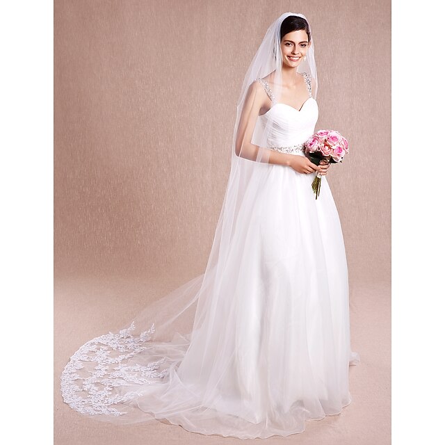  One-tier Cut Edge Wedding Veil Cathedral Veils with Appliques Tulle / Angel cut / Waterfall