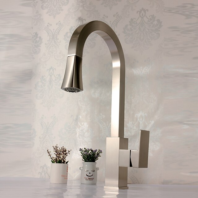  Kitchen faucet - Single Handle One Hole Nickel Brushed Pull-out / ­Pull-down Deck Mounted Contemporary / Brass
