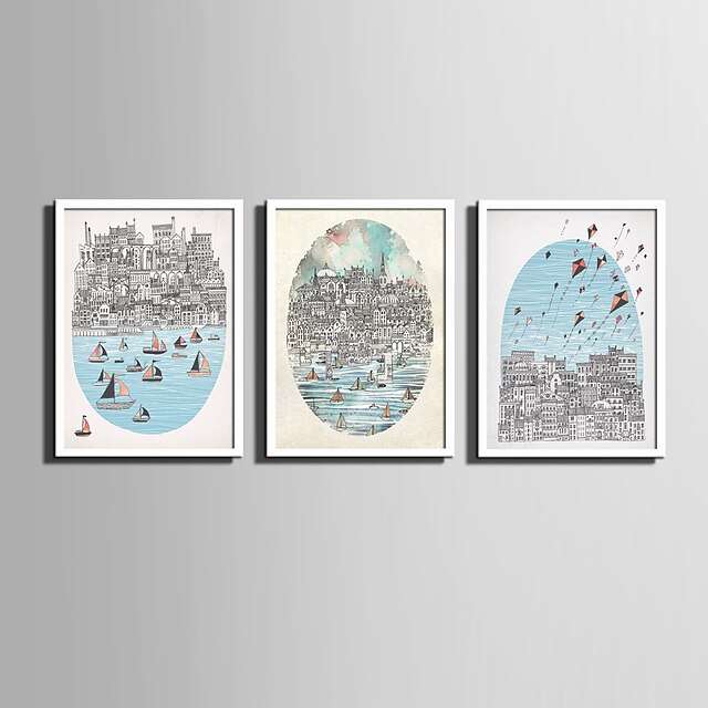  E-HOME® Framed Canvas Art, City By The Sea Series Framed Canvas Print One Pcs