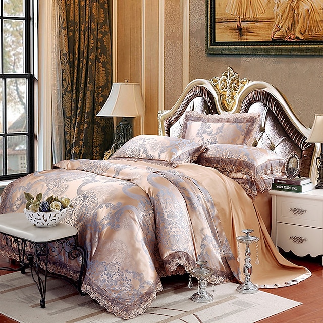  conjuntos de capa de edredão luxo seda / mistura de algodão jacquard 4 peças de cama conjuntos />800 rei