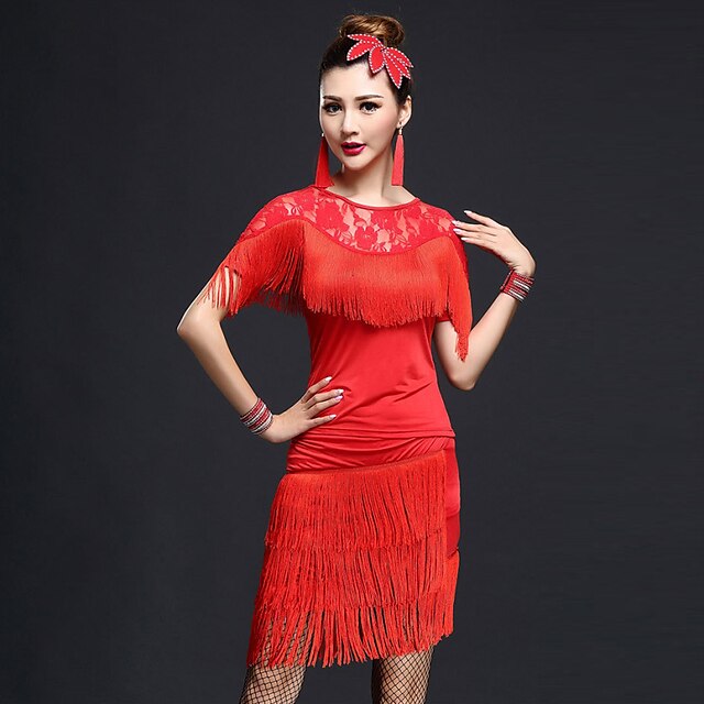  Latin Dance Outfits Women's Performance Nylon / Chinlon Lace / Tassel Short Sleeves High Top