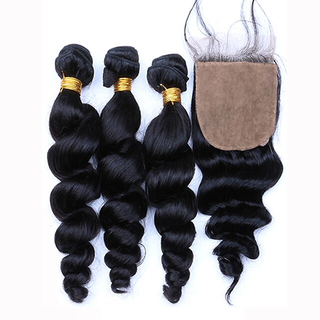  Hair Weft with Closure Peruvian Texture Loose Wave 3 Pieces hair weaves