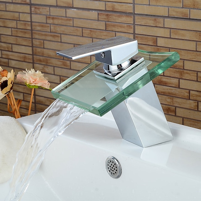  現代のクロム ガラスの滝の浴室の洗面器の単一のハンドル 1 つの穴の浴室の蛇口、温水と冷水スイッチ付き
