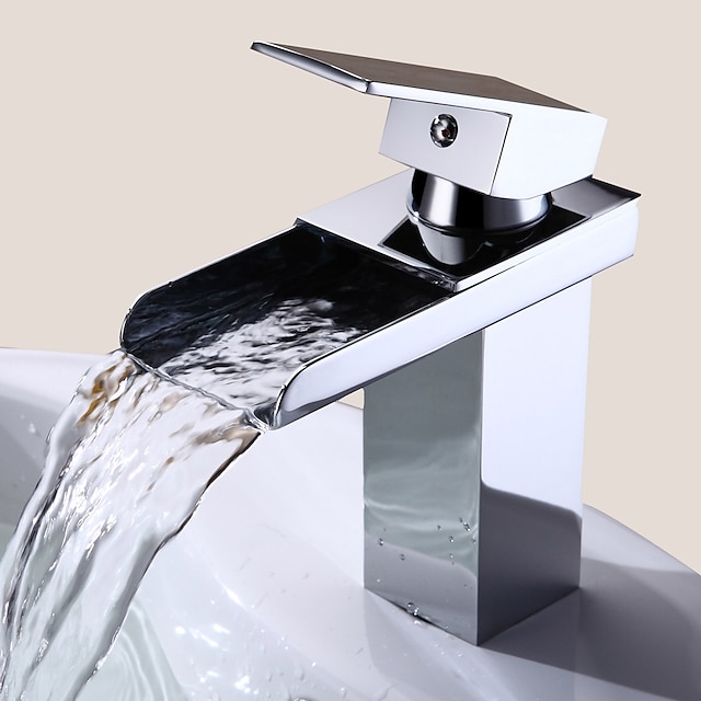  Grifo de lavabo de baño de cobre, grifo de baño de un solo orificio con cascada cromado contemporáneo plateado con interruptor de frío y calor