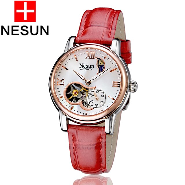  nesun Women's Skeleton Watch Automatic self-winding Leather Red 30 m Hollow Engraving Analog Ladies Charm / Stainless Steel