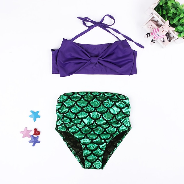  Girl's Beach Color Block Swimwear,Polyester Summer Purple