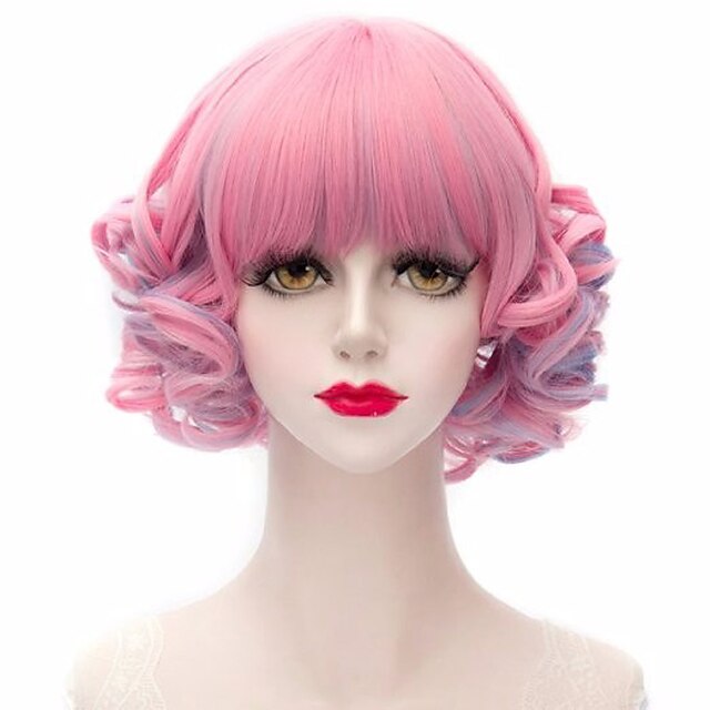  الاصطناعية الباروكات مموج مموج شعر مستعار الوردي متوسط زهري شعر مستعار صناعي نسائي الوردي