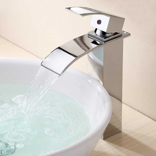  Grifo monomando para lavabo de baño en cascada, grifos de lavabo de latón de estilo moderno y alto, grifos de baño de un solo orificio con mango cromado y manguera de agua fría y caliente