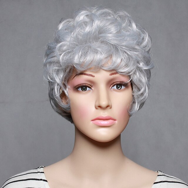  Synthetische Perücken Wellen Wellen Perücke Kurz Weiß Synthetische Haare Damen Grau