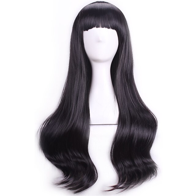  lång svart peruk syntetisk peruk cosplay peruk lockig vågig peruk med lugg svart syntethår damsvart