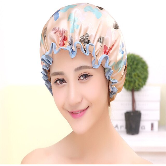  Colorful Printed Soft Satin Fabric Shower Caps Waterproof Spa Bath Elastic Hat Cap  Household For Women