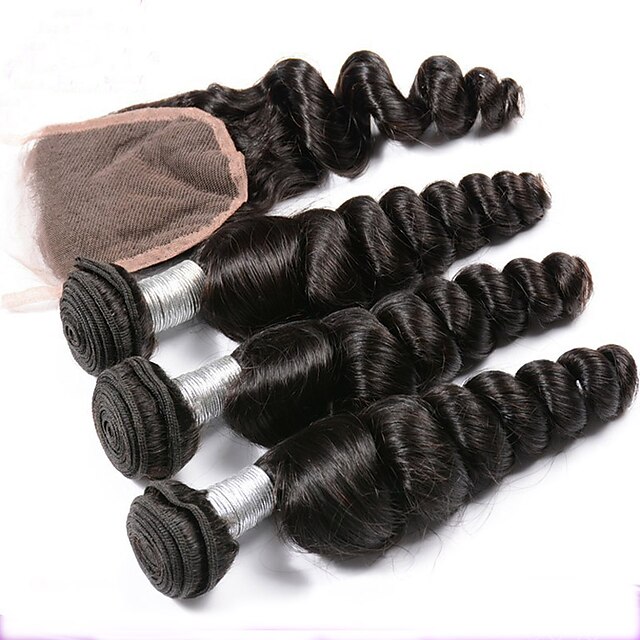  Cheveux Péruviens Ondulation Lâche 340 g Trame cheveux avec fermeture Tissages de cheveux humains Extensions de cheveux Naturel humains