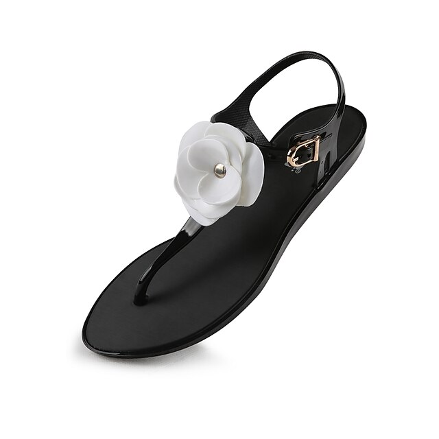  Femme Chaussures PVC Printemps Eté Automne Plastique Talon Plat Fleur pour Décontracté Habillé Noir