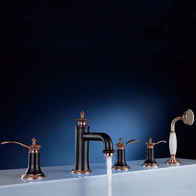  Fürdőszoba mosogató csaptelep - Kihúzható kézi permetező csap Vörös arany Elterjedt Három fogantyúk öt lyuk
