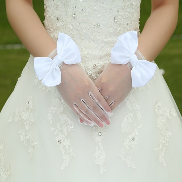  White Lace Elastic Silk Flower Shape Tulle Fingertips Wrist Length Bridal Gloves for Wedding Party