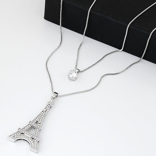  Damen Kubikzirkonia winziger Diamant Pendant Halskette Layered Ketten Lang Turm Eiffelturm damas Retro Doppelschicht Modisch Zirkonia Strass Diamantimitate Silber Modische Halsketten Schmuck Für