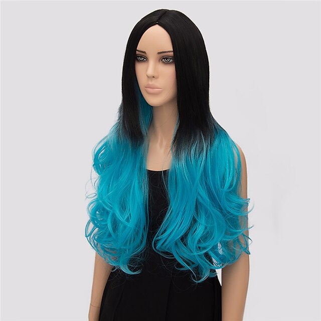  Perruque Synthétique Ondulé Ondulé Perruque Long Bleu Cheveux Synthétiques Femme