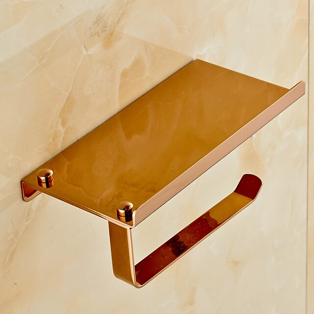  Toilet Paper Holder Contemporary Brass Bathroom Roll Paper Holder with Mobile Phone Storage Shelf Rose Gold 1pc