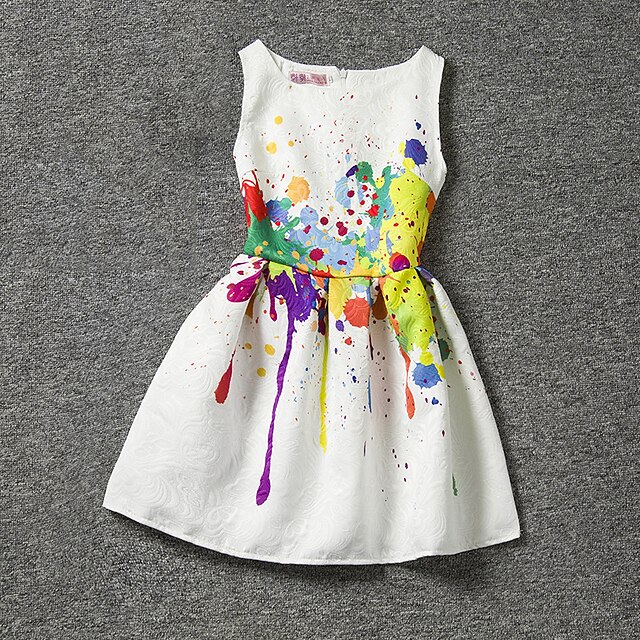  Infantil Para Meninas Vestido Sem Manga Imprimir Floral Poliéster Verão Branco