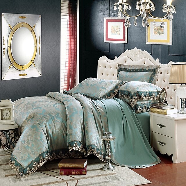  2016 Best Sale Bedding Set Queen King Size Luxury Silk Cotton Blend Lace Duvet Cover Sets Jacquard Pattern