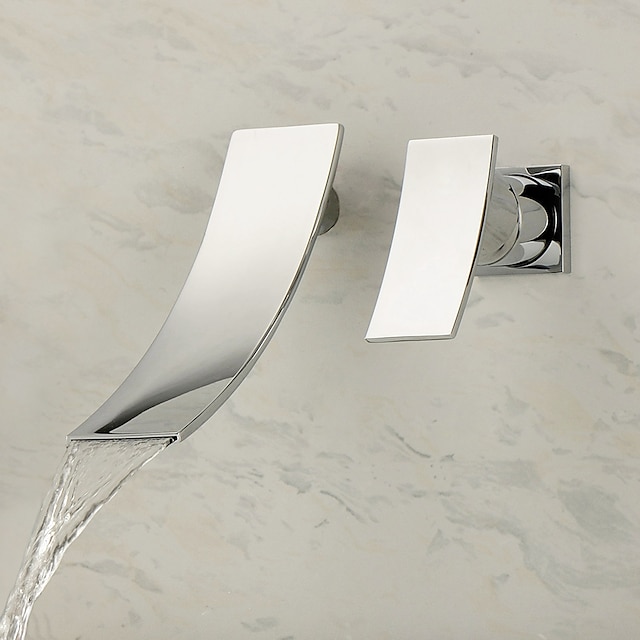 Grifo para lavabo de baño, estilo moderno, diseño de forma deslizante de acero inoxidable, montaje en pared, cascada, cromo, manija única, grifos de baño de dos orificios con interruptor y válvula de