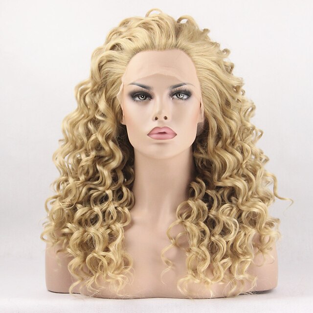  Syntetyczne koronkowe peruki Curly Curly Siateczka z przodu Peruka Blond Blond Włosie synetyczne Damskie Blond