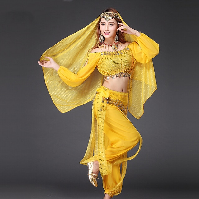  Belly Dance Top Gold Coin Sequin Women's Performance Long Sleeve Dropped Chiffon