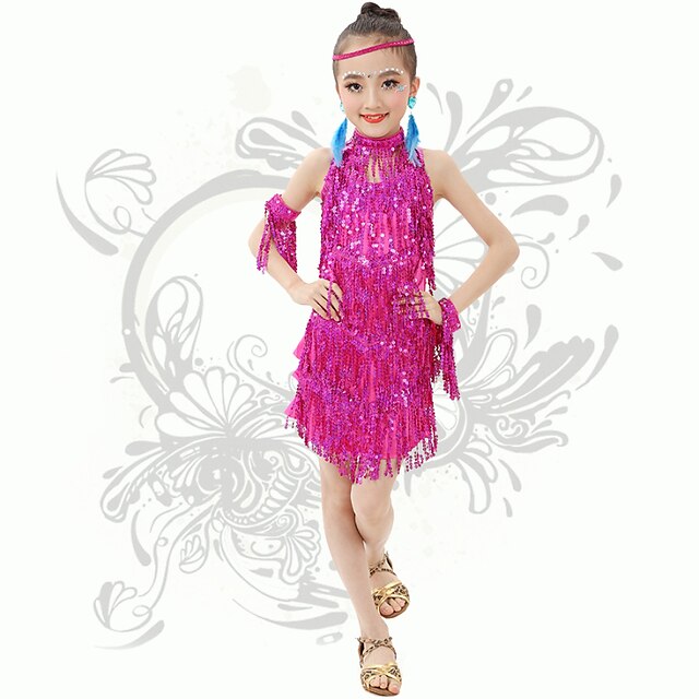  Shall We Latin Dance Children Performance Spandex Sequins / Tassel(s) Backless Dresses Fuchsia
