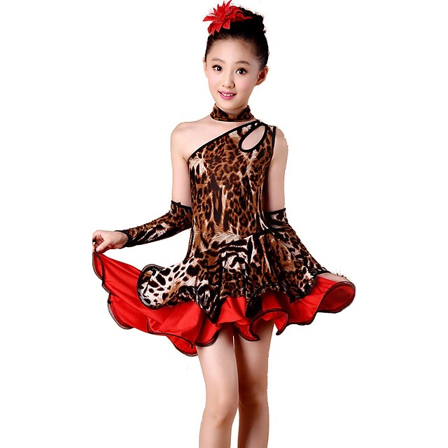  Dança Latina Vestidos Crianças Actuação Elastano Poliéster Leopardo 4 Peças Sem Mangas Alto Vestido Luvas Neckwear