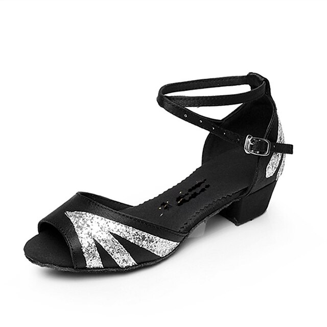  Damen Schuhe für den lateinamerikanischen Tanz Satin Schnalle Sandalen Glitter / Schnalle Niedriger Heel Maßfertigung Tanzschuhe Rot / Silber / Fuchsia / Professionell