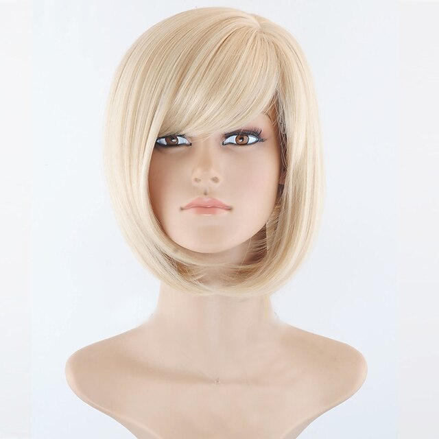  Perruque Synthétique Droit Droite Bob Coupe Carré Court Bob Avec Frange Perruque Blond Court Blonde Cheveux Synthétiques Femme Partie latérale Blond