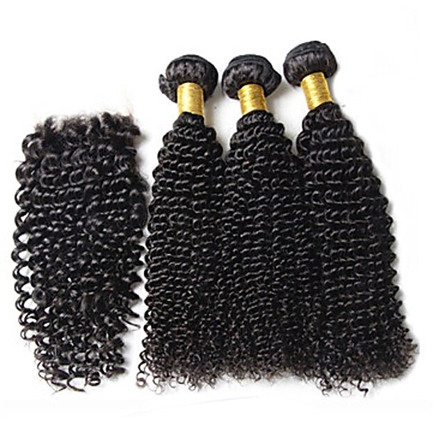  3 pacotes Cabelo Brasileiro Kinky Curly Onda Profunda Weave Curly Cabelo Virgem Trama do cabelo com Encerramento Tramas de cabelo humano Extensões de cabelo humano