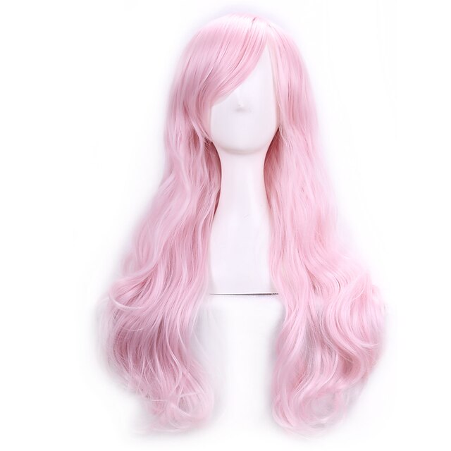  Synteettiset peruukit Pilailuperuukit Kihara Kardashian Tyyli Otsatukalla Suojuksettomat Peruukki Vaaleanpunainen Pinkki Synteettiset hiukset Naisten Sivuosa Vaaleanpunainen Peruukki Pitkä
